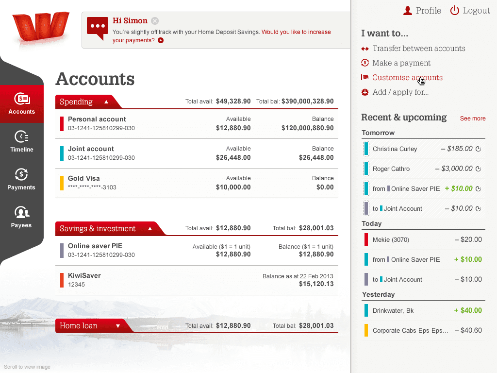 Westpac Online Banking project case study – Desktop designs.